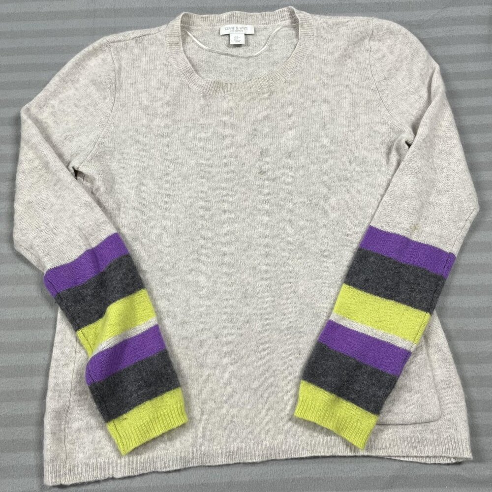 Deane & White Sweater Womens Large Oatmeal Cashmere Crewneck Stripe Sleeve Knit